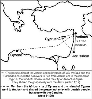 Map showing the start of the church in Antioch, Syria by believers from Cyrene and Cyprus as recorded in Acts 11:19-20.