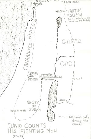 Details of David sending officials out to count his fighting men according to 2 Samuel 24. 