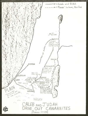 A map shows the details of Caleb and Judah driving out the Canaanites in Judges 1:1-20. 