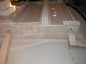 A model of the southwest end of the Western Wall of the Herodian Temple Mount. Robinson's Arch is the stairway entrance/exit on the SW corner on the right side of the photo. 
