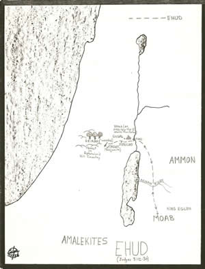 Details of the events in the life of Israel's judge Ehud located on a map according to Judges 3:12-30. 