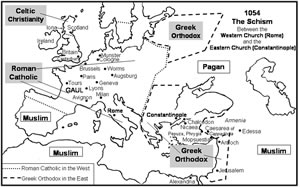 A map detailing the Greek Orthodox and Latin/Roman Catholic split in The Great Schism of 1054 AD. 