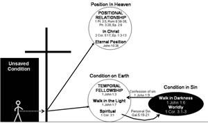 Diagram illustrating the believer's positional relationship with God and their temporal fellowship with God. 