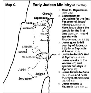 A map with details of Jesus early Judean ministry recorded in John 2-4. (More teaching here.) 