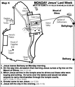 Details of Monday of Jesus' Last Week on a map of Jerusalem of 30 AD. (More teaching here.) 