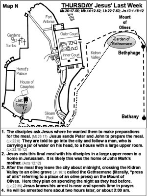 Details of Thursday of Jesus' Last Week on a map of Jerusalem of 30 AD. (More teaching here.)