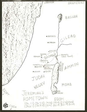 Locations important to the book of Jeremiah detailed on a map. 