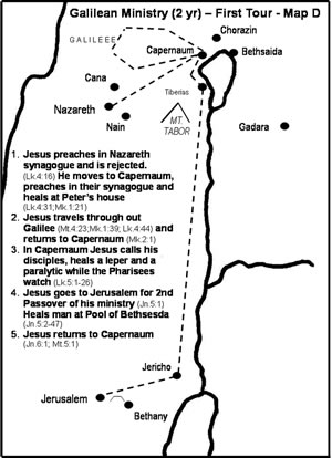 Details of Jesus' first tour of Galilee from Luke 4, John 5-6 and Matthew 4.