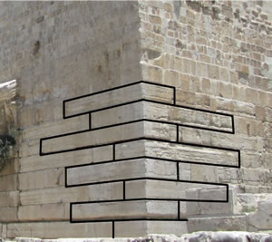 The Stretchers and headers that have secured the southwest corner of the Temple Mount are highlighted in this photo. This was a common building style for corner construction.