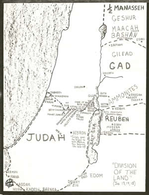 Details of the division of the Promised Land from Joshua 13, 14, 15 located on a map. 
