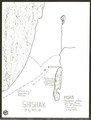 Details of Pharoah Shishak's invasion of Jerusalem in 1 Kings 14:21-30 located on a map. 