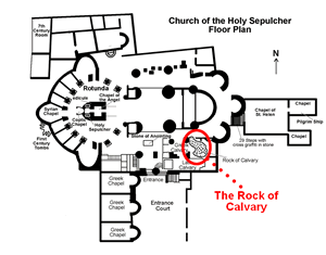 The location of Calvary marked on the floor plans of the Church of the Holy Sepulcher in Jerusalem. 