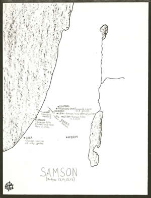 Details of Samson from Judges 13, 14, 15, 16 located on a map. 