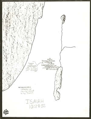 Locations detailed on a map of Isaiah's prophecy of the protection provided to the remnant of Israel in Isaiah 10:20-33.