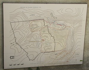 An on-site topography map found at the Broad Wall that shows details of the walls, valleys, hills, etc. of Jerusalem.