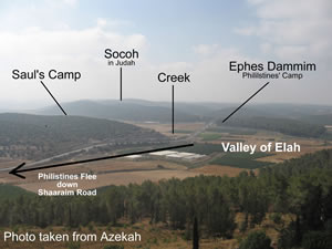 Details of the Valley of Elah where David killed Goliath and the Philistines fled as recorded in 1 Samuel 17:1-3, 51-54. 