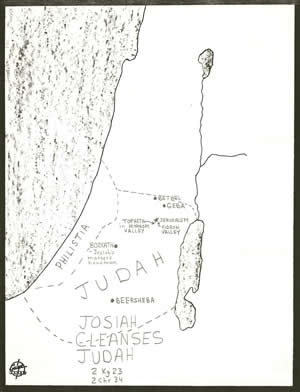 A map shows the location of sites referred to in 2 Kings 23 and 2 Chronicles 34 when Judah's King Josiah cleansed the land. 
