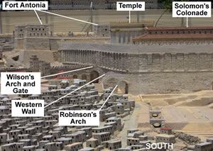 A model of the southwest corner of the Temple Mount with labels