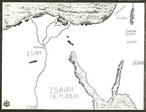 A map detailing the locations mentioned in Isaiah 18-21. 