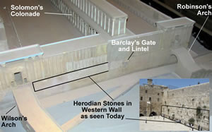 The location of the same Herodian stones in the actual Western Wall compared to a model showing where they were in Herod's Western Wall in New Testament times before the destruction and rubble build up covered the streets and rasied the ground level. 