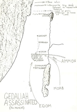 Locations from Jeremiah 40, 41 and 42 concerning Gedaliah and his assassination in 586-85 BC are detailed on a map.