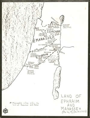 Details of the land of Ephraim and Manasseh  and Issachar being divided up in Joshua 16-17 and Joshua 19:17-23 is placed on a map and the locations of cities and land marks are noted. 