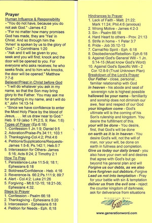 a useful image of both sides of a book mark with general teaching concerning prayer from a Generation Word Bible study on the topic of prayer. 