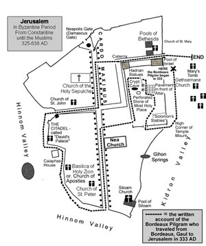 In 333 a Christian visitor or pilgrim from Bordeaux, Gaul visited Jerusalem. Here is a map detailing what he saw in the Byzantine city of Constantine.