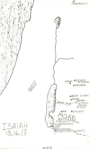 Details of locations in Isaiah chapters 15, 16 and 17 on a map 