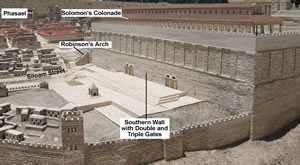 Details and labels on a model of the south side of the Herodian Temple from New Testament times. 