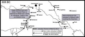 Riblah, 608 BC - Jehoahaz is taken to Riblah to appear before Pharaoh Neco before he is sent in chains into Egypt never to be heard from again. (2 Kings 23:33; Jeremiah 39:5) 