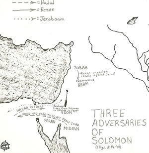 Details of 1 Kings 11:14-40 concerning Solomon's three adversaries that arose during his reign. 