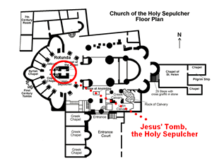 Church of the Holy Sepulchur and floor plan diagram of Jesus' tomb