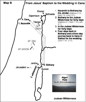 Map detailing Jesus ministry in Matthew 3; Mark 1, Luke 4; John 1