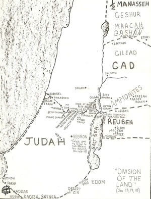 Joshua divides the land in Joshua 14, map