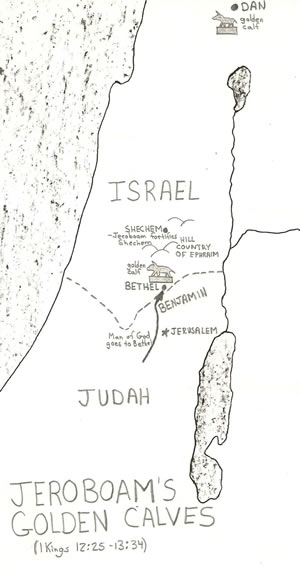 A map detailing 1 Kings chapter 12 and Jeroboam's 