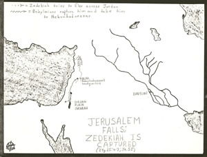 Map detailing 2 Second Kings 25, Zedekiah flees, Jerusalem falls to Babylon