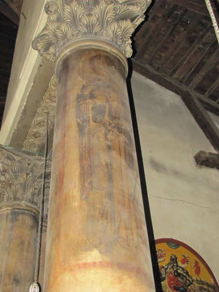 A pillar in the Church of the Nativity marking the cave where Jesus was born in Bethlehem in 4 BC. The pillar is covered with a fresco image painted by the Crusaders (1000 AD) on one of the pillars from this church built by Constantine in 326 AD and dedicated on May 31, 339. 