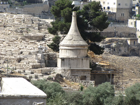 A photo of "Absolom's Tomb" from the Mount of Olives on the north side.