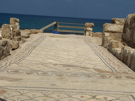 A mosaic floor is exposed along the shore of the Mediterranean Sea at Caesarea.
