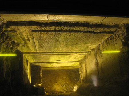 A view down the side of the Western Wall to see the still good condition and unweathered Herodian Ashlar stones that were exposed by the early explorers and archaeologist of the 1800's. These Ashlars are visible in the shaft which is itself in an underground tunnel below the modern street level. 