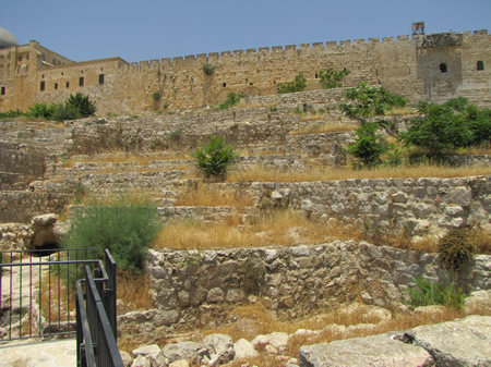 Looking north over the Ophel at the south wall of the Temple Mount.