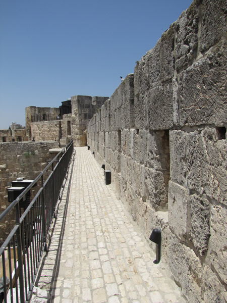 A view of the inside of the walls of Jerusalem as you walk along the top.