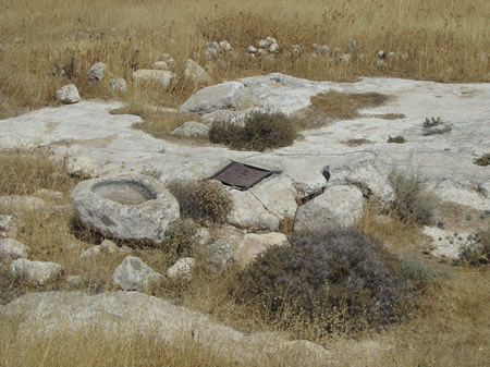 A cistern covered by a metal lid beside a stone water trough NE of Jerusalem.