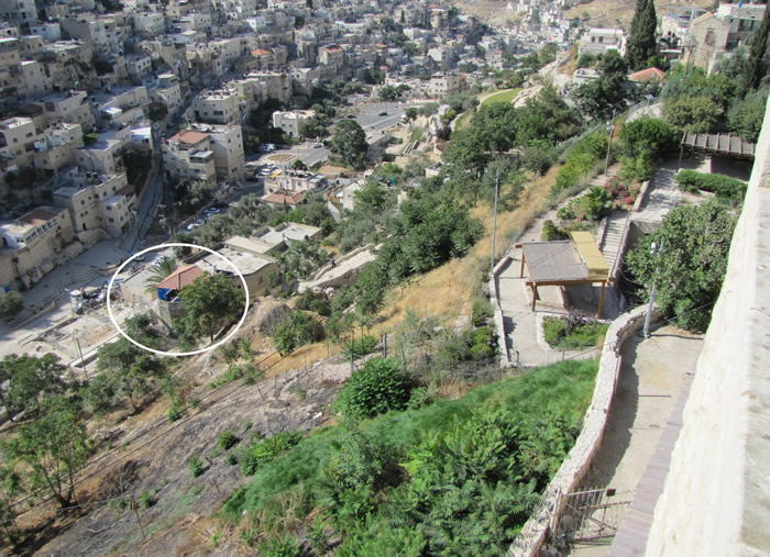 Looking down at the collapsed terraces on the east side