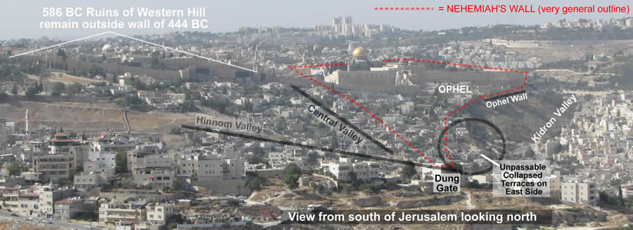 General layout of Nehemiah's walls in 444 BC viewed from south of Jerusalem