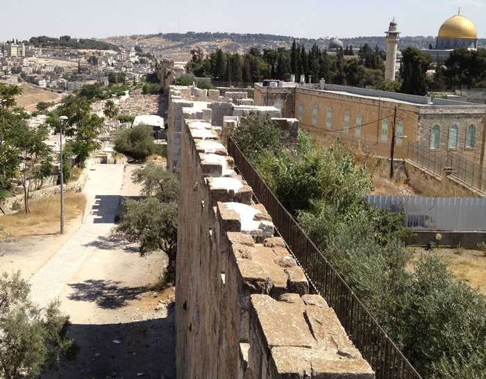 standing on the east wall of Jerusalem looking south down the wall and the Kidron Valley, Nehemiah 12