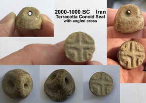 2000-1000 BC Terracotta Conoid Seal with a cross or "X"