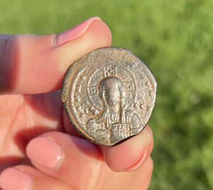 995 AD - Basil II coin, image of Christ holding Book of Gospels, hand raised in benediction, Byzantine Bronze coin