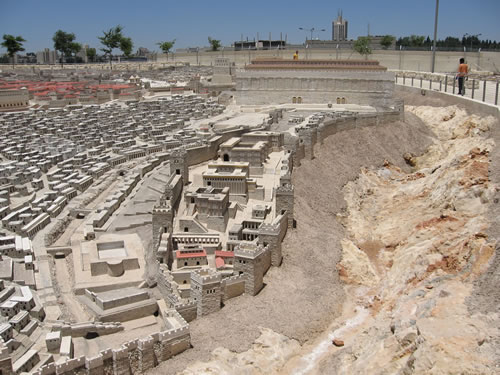 The City of David Viewed from the south.  The Kidron Valley is on the right, the Central Valley runs up the left side of the city and the Hinnom Valley cuts in on the bottom from the left to join the Kidron Valley on the cities south side.